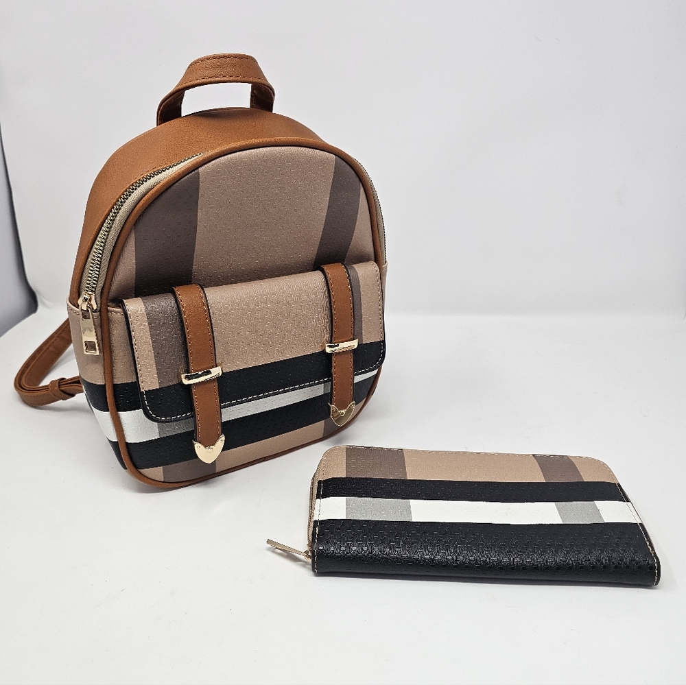 Stylish Tan and Black Women's Backpack and Wallet Set Plaid